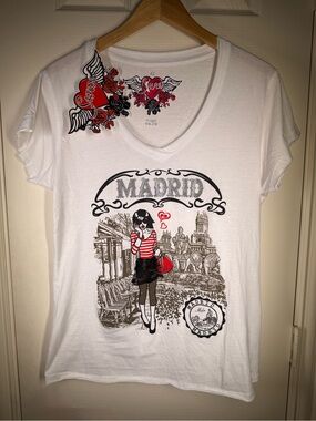 Vintage Y2K Coquette Women’s White Madrid Graphic V-Neck Tee from Spain